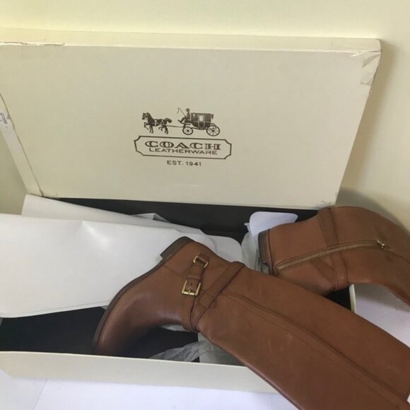 COACH NEW Monique Cognac Leather Tall Knee Boots Flat Box Minimalist Riding Tan - Picture 6 of 16